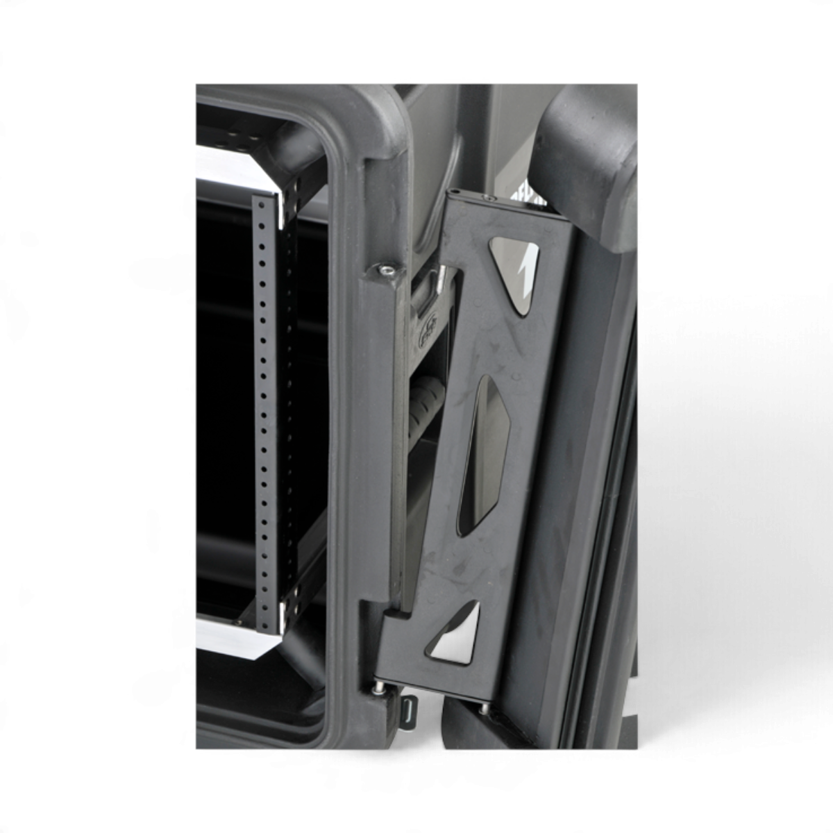SKB Cases 8U 30-inch rSeries shock rack featuring a durable compound hinge system and internal aluminum rack rails.