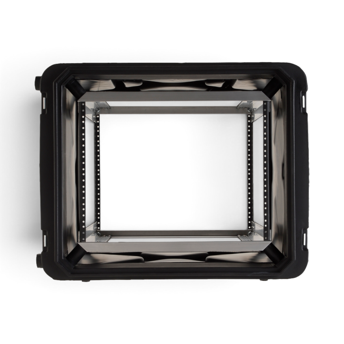 SKB Cases 8U 20-inch deep shock rack with internal frame and elastomer shock absorbers for equipment protection.
