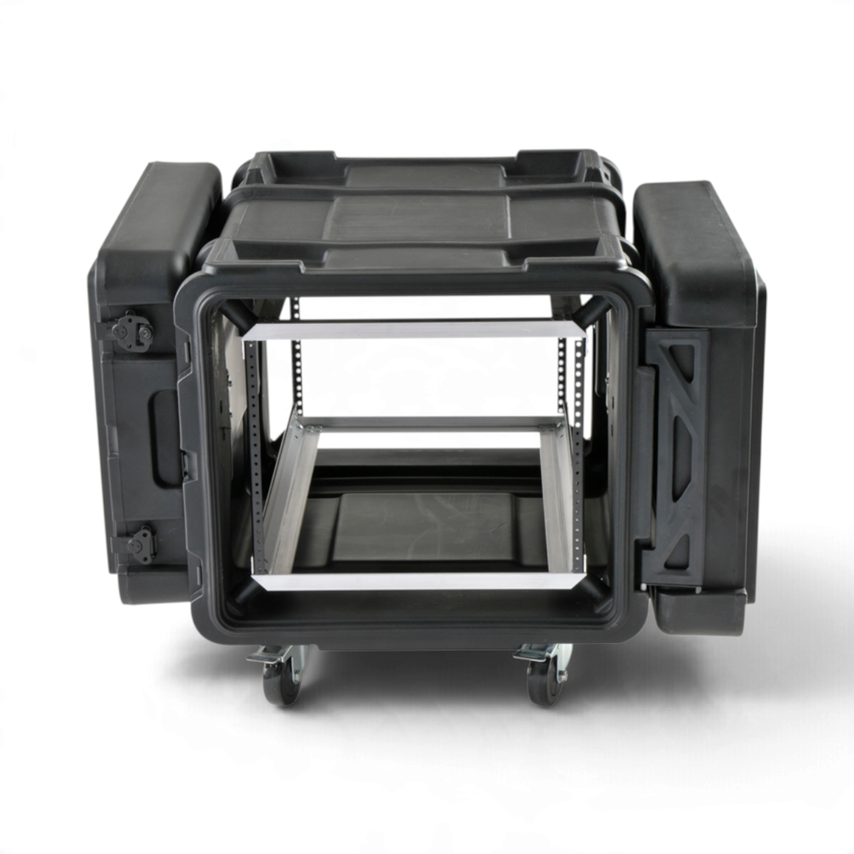SKB Cases 8U 30-inch deep rSeries shock rack with open front and rear lids, black roto-molded shell, and casters.
