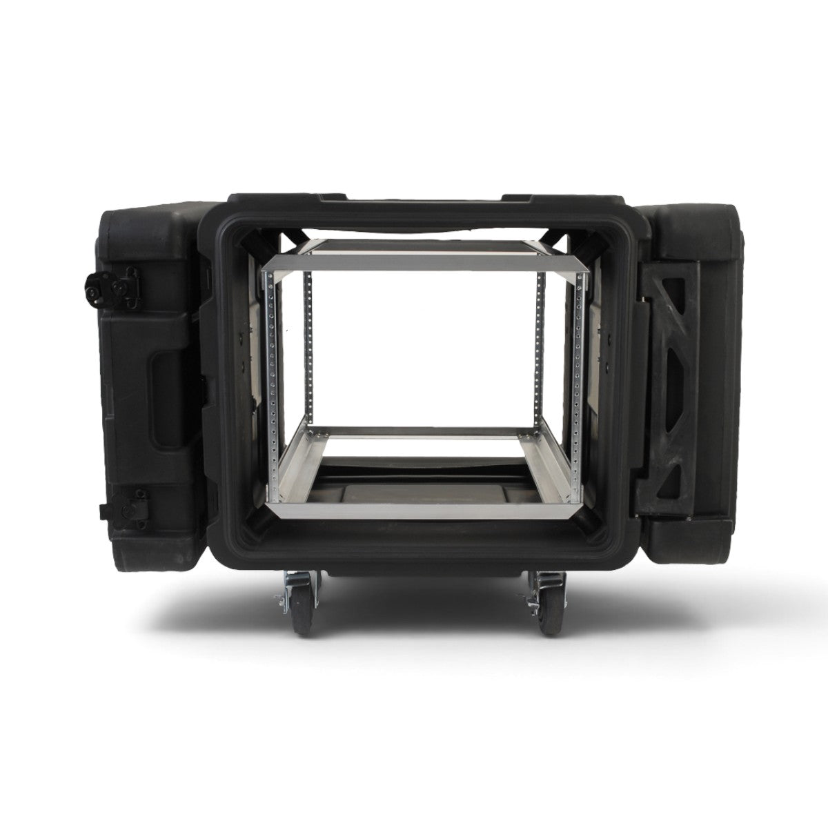 SKB Cases 8U 24-inch deep roto shock rack with internal aluminum frame and removable casters on a white background