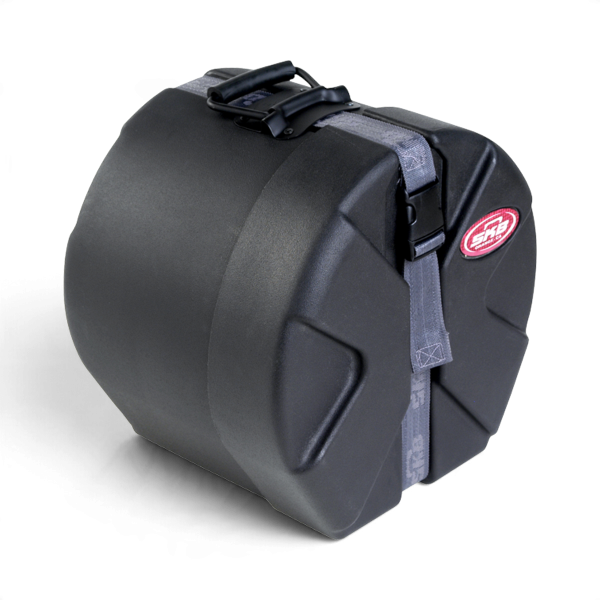 SKB Cases 8x10 roto-molded black D-shaped drum case with Roto-X pattern, padded interior, and secure strap handle.