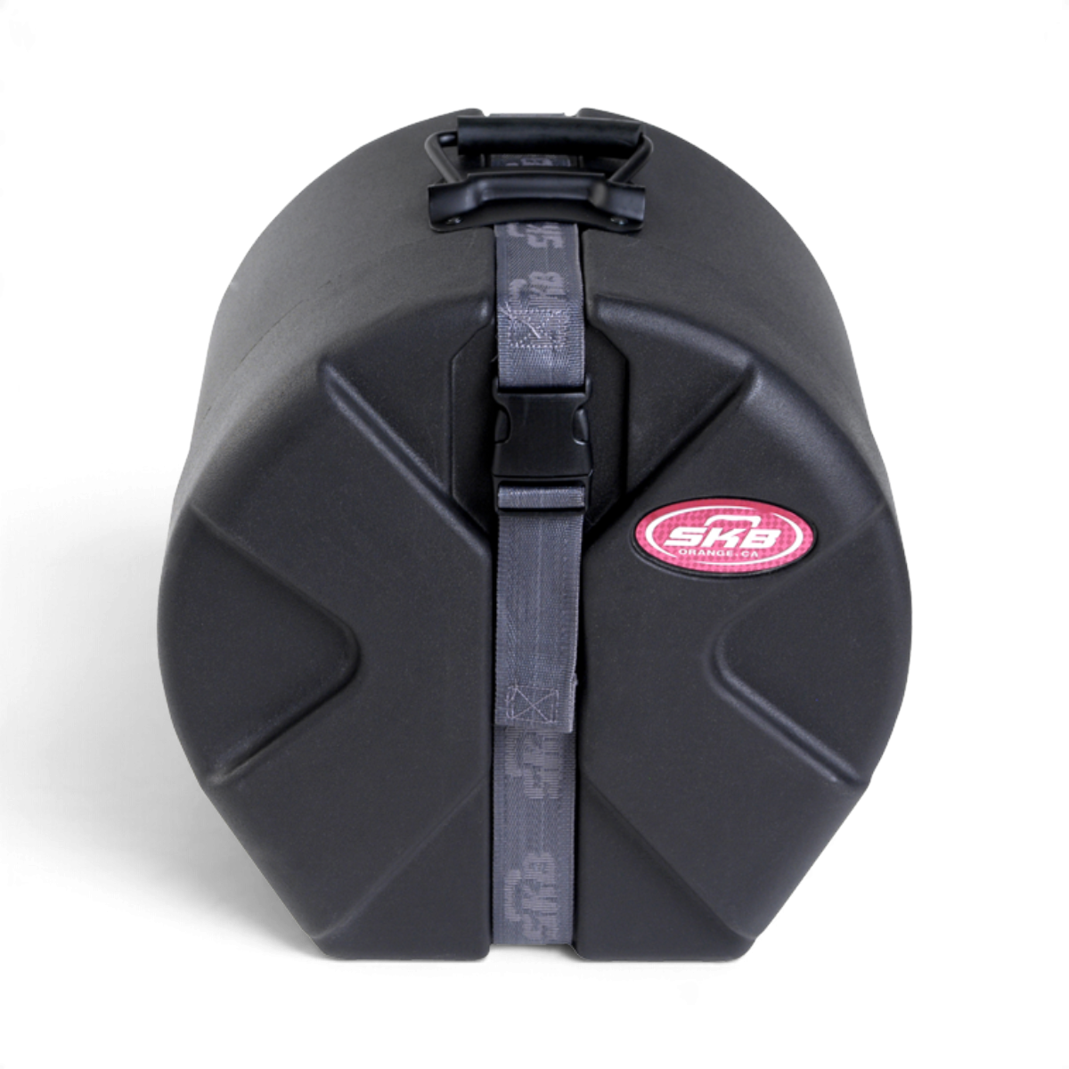 SKB Cases 8x10 roto-molded black drum tom case with Roto-X pattern, secure strap, and padded interior.