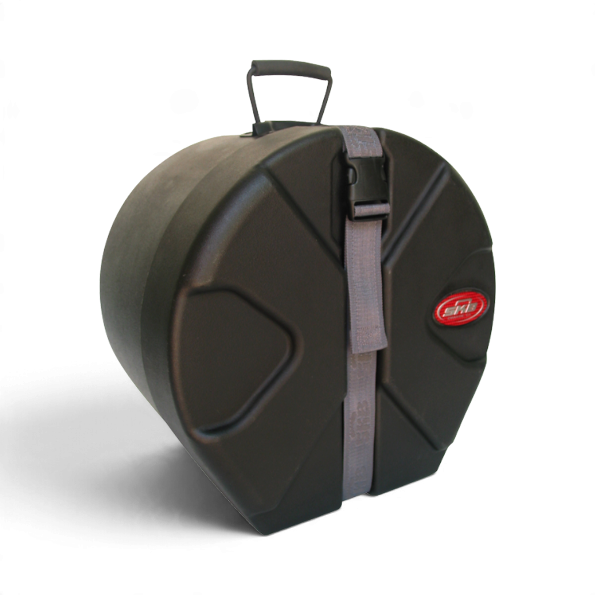 SKB Cases 8 x 12 roto-molded black drum tom case with Roto-X pattern, secure strap, and padded interior.