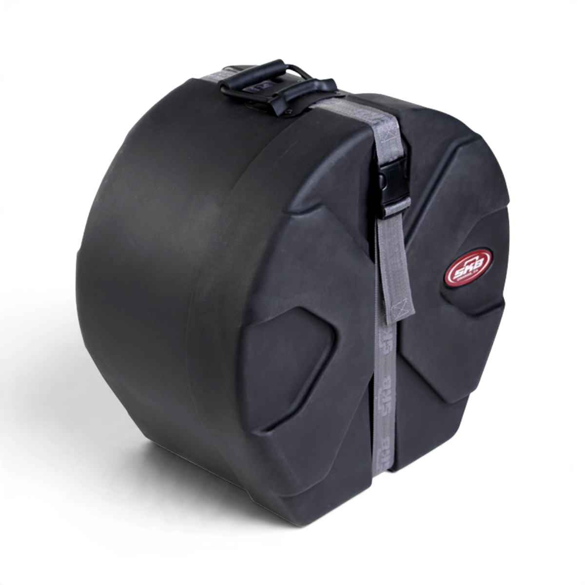 SKB Cases 8x14 inch roto-molded black drum case with D-shaped design, Roto-X pattern, and grey nylon strap.