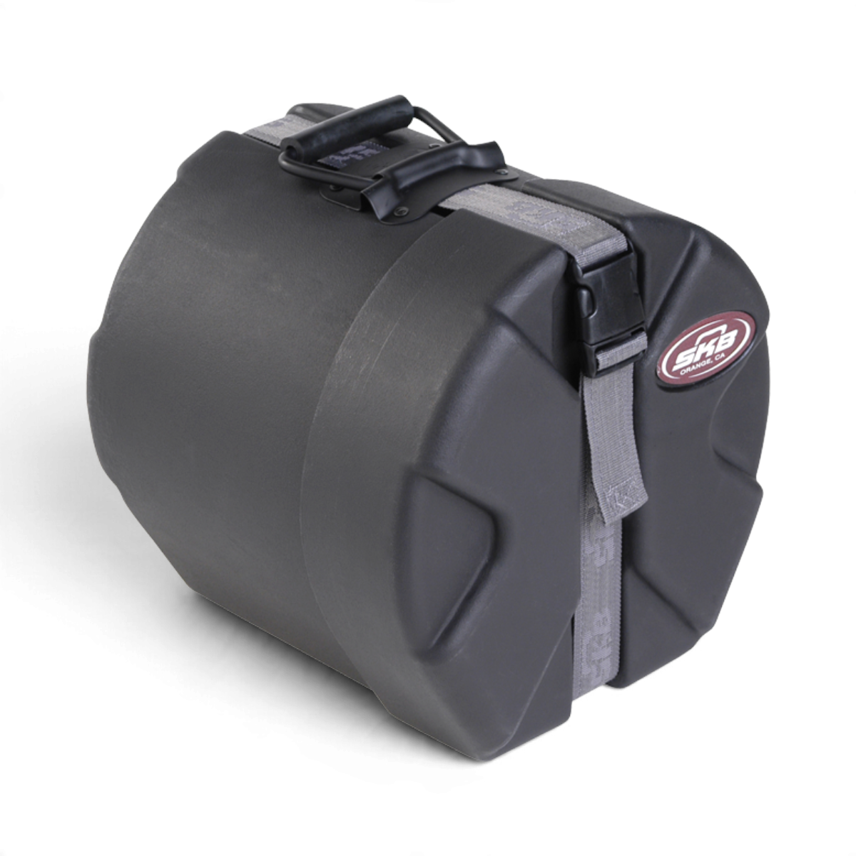 SKB Cases 8 x 8 roto-molded black drum tom case with D-shaped design, secure strap, and padded interior.