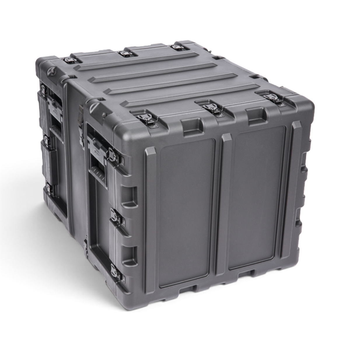 SKB Cases 9U 20-inch deep black shock rack transport case with rugged roto-molded shell and recessed hardware.