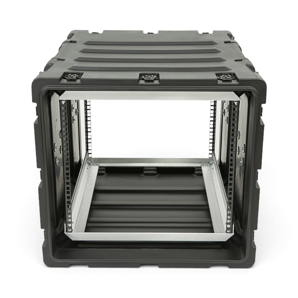 SKB Cases 9U 24-inch deep shock rack with rugged black roto-molded shell and internal metal rack rails