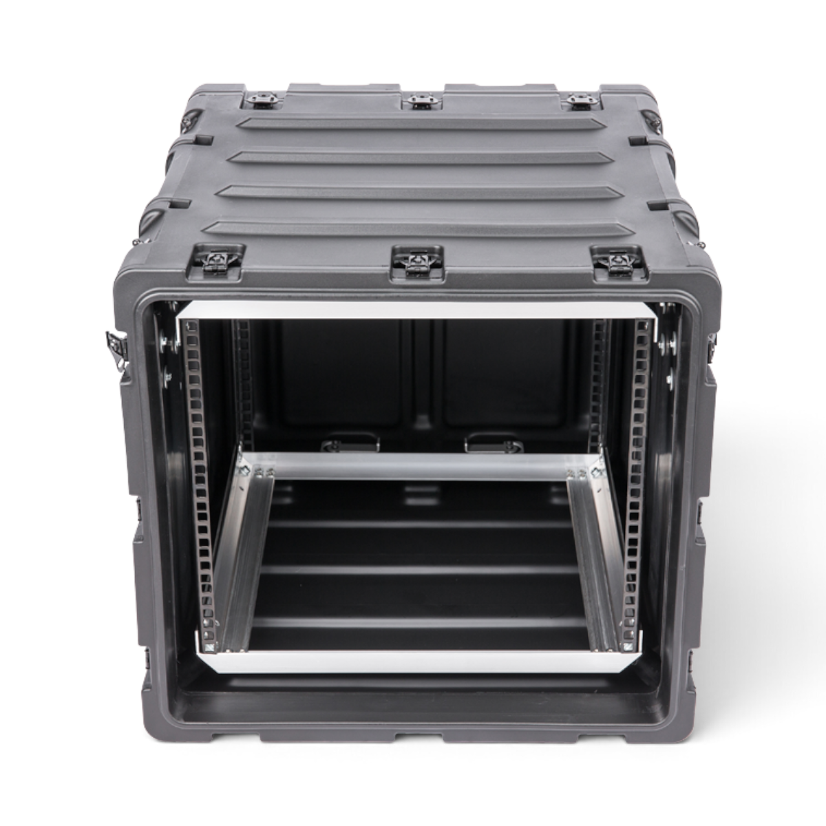 SKB Cases 9U 20-inch deep shock rack in black with internal aluminum frame and square-hole rack rails.