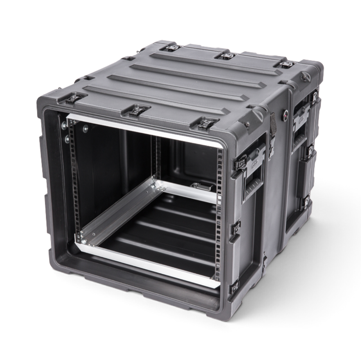 SKB Cases 9U 20-inch deep shock rack in black with rugged roto-molded shell and internal aluminum rack rails.