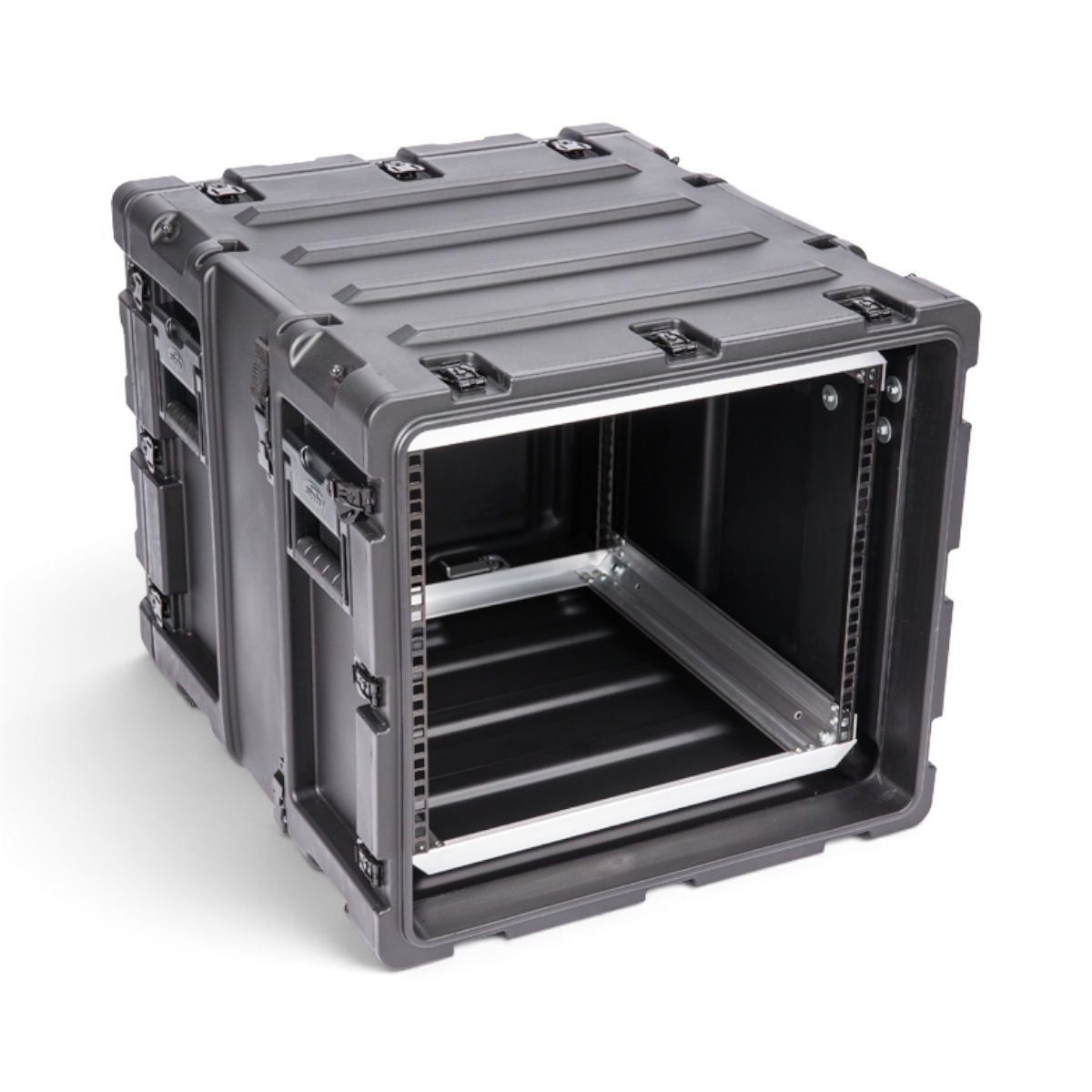 SKB Cases 9U 20-inch deep shock rack in black with rugged roto-molded shell and internal aluminum rack rails.