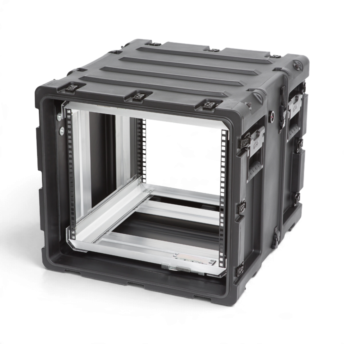 SKB Cases 9U 20-inch deep shock rack with a black roto-molded shell and removable internal equipment frame.