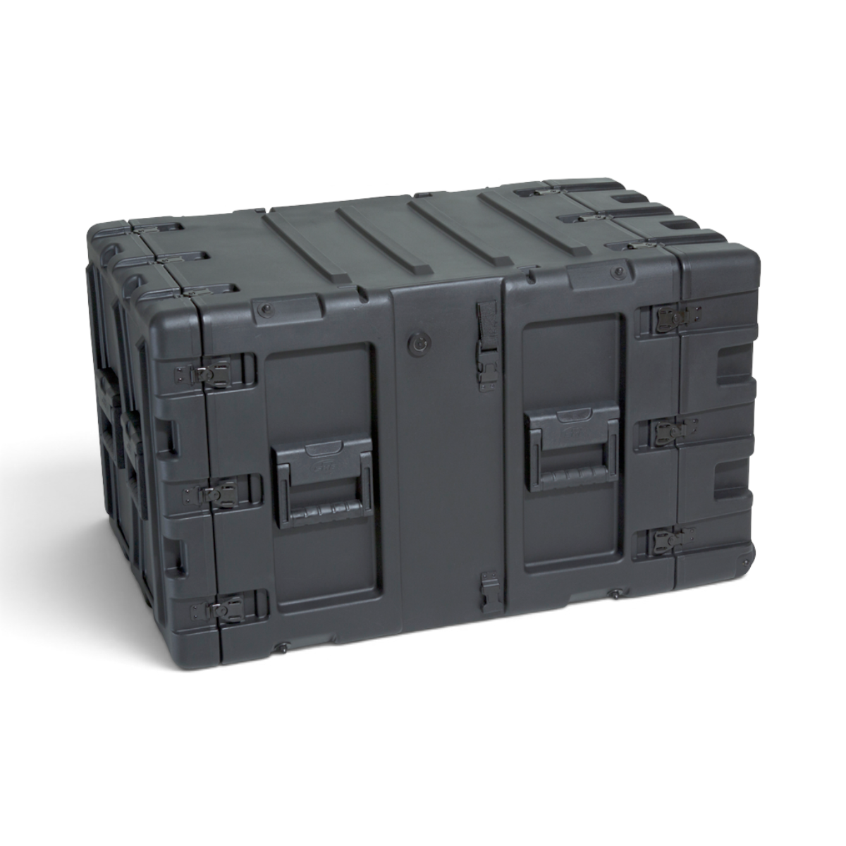 SKB Cases 9U 24-inch deep black shock rack transport case with rugged roto-molded shell and recessed hardware.