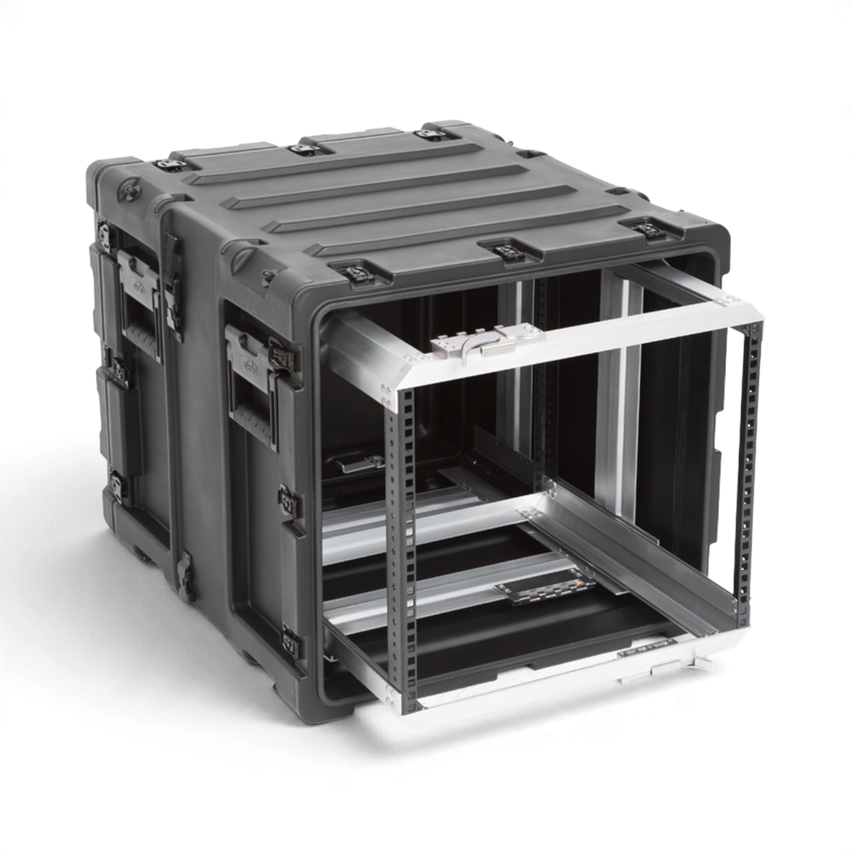 SKB Cases 9U 20-inch deep shock rack with a black roto-molded shell and a removable internal equipment frame.