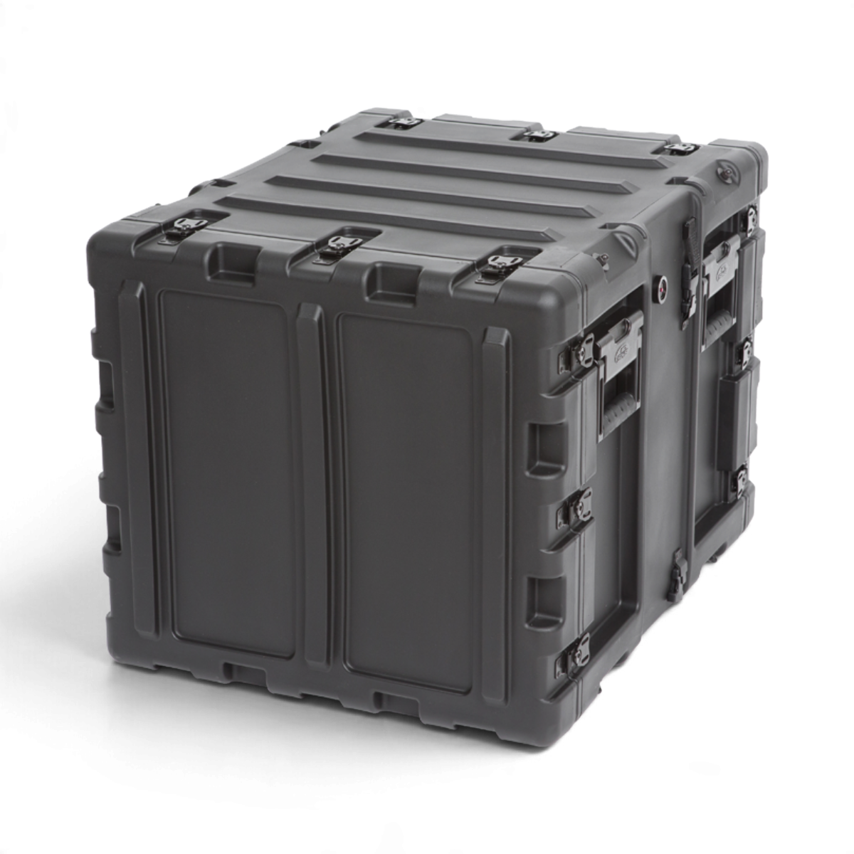 SKB Cases 9U 20-inch deep black shock rack transport case with rugged roto-molded shell and recessed hardware.