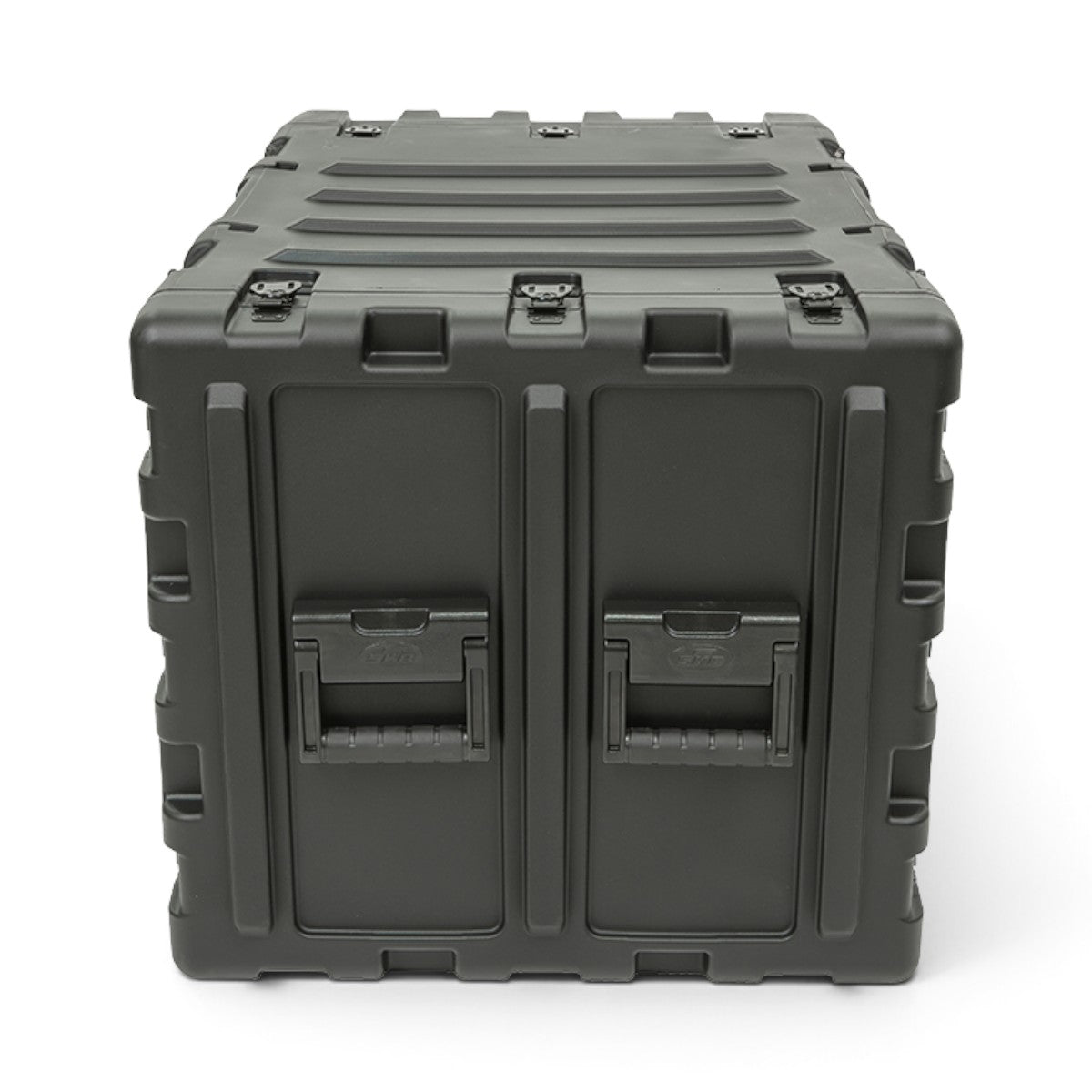 SKB Cases 9U 24-inch deep static shock rack transport case in black with rugged roto-molded shell and lift handles.