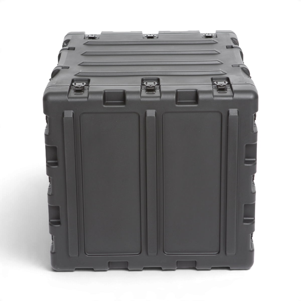 SKB Cases 9U 20-inch deep black shock rack transport case with rugged roto-molded shell and recessed hardware.