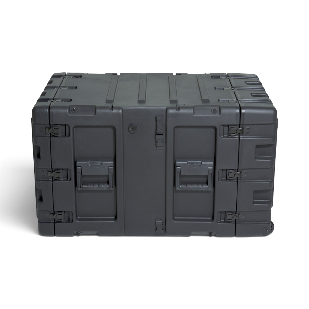 SKB Cases 9U 24-inch deep black shock rack transport case with rugged roto-molded shell and recessed hardware.