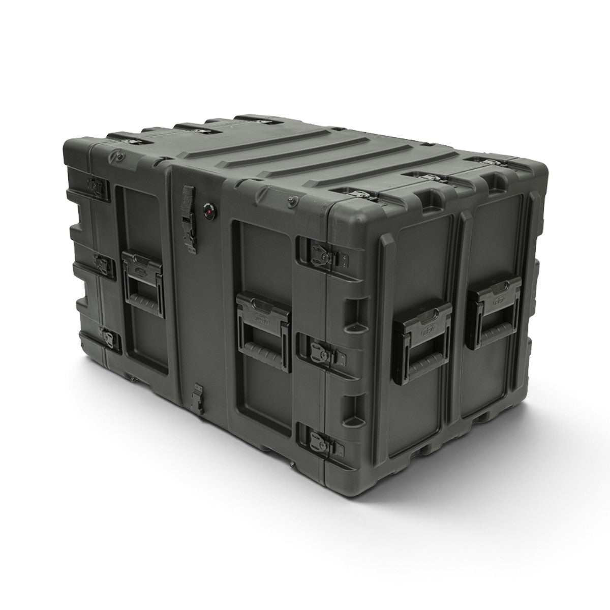 SKB Cases 9U 24-inch deep black shock rack transport case with rugged roto-molded shell and recessed hardware.