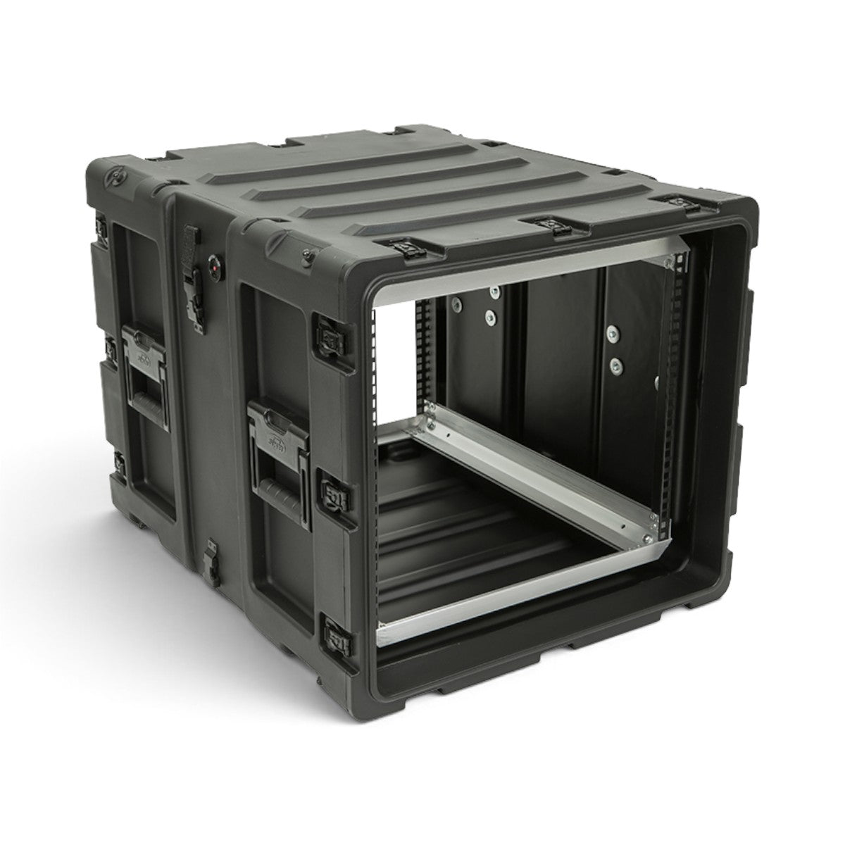 SKB Cases 9U 24-inch deep shock rack with rugged black roto-molded shell and internal metal rack rails