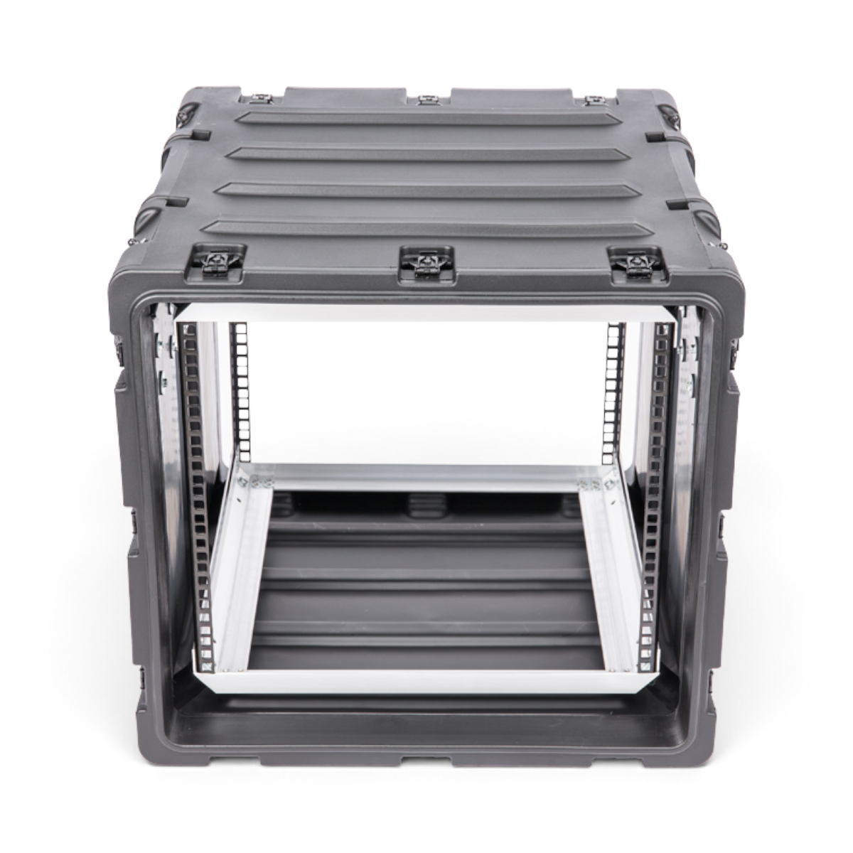 SKB Cases 9U 20-inch deep shock rack in black with internal aluminum chassis and square-hole rack rails.