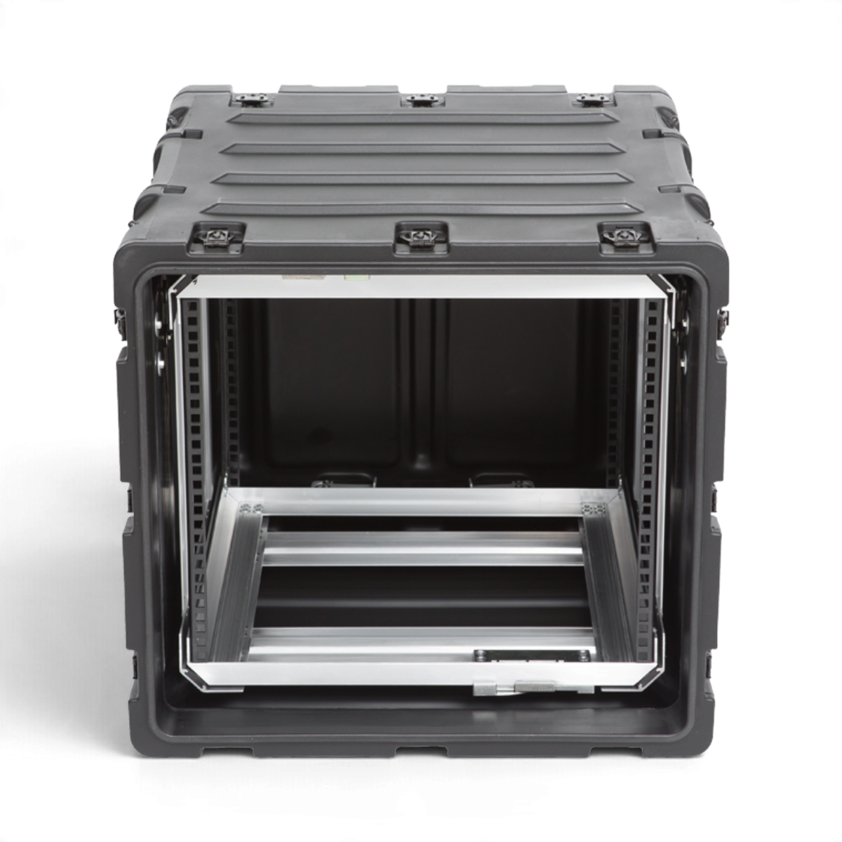 SKB Cases 9U 20-inch deep shock rack with a black roto-molded shell and removable interior equipment frame.