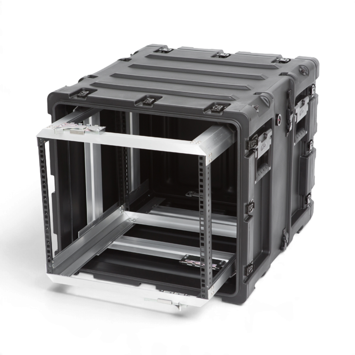SKB Cases 9U 20-inch deep shock rack with a removable internal frame and black roto-molded protective shell.