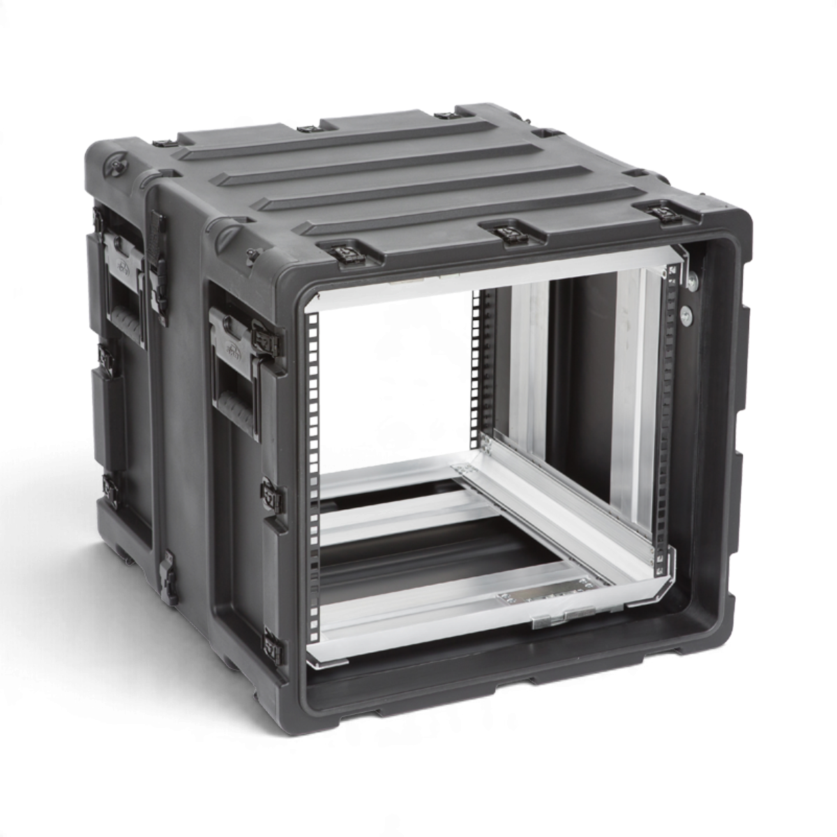 SKB Cases 9U 20-inch deep shock rack with a black roto-molded shell and removable internal equipment frame.