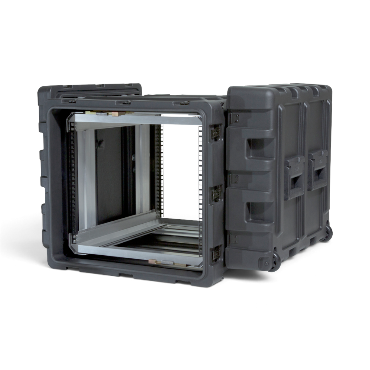 SKB Cases 9U 24-inch deep shock rack with a removable internal frame and rugged black roto-molded exterior shell.