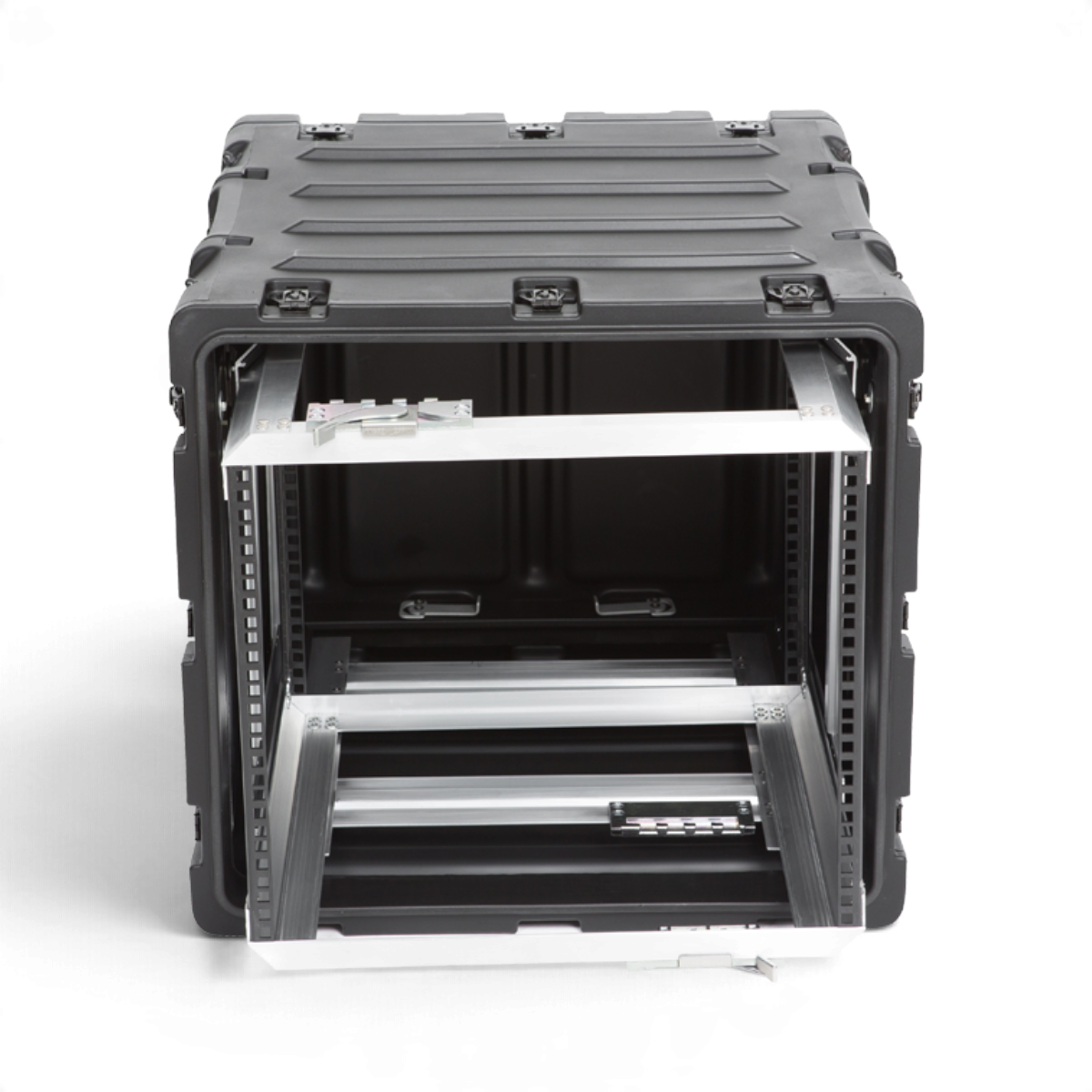 SKB Cases 9U 20-inch deep shock rack with a black roto-molded shell and a removable interior equipment frame.