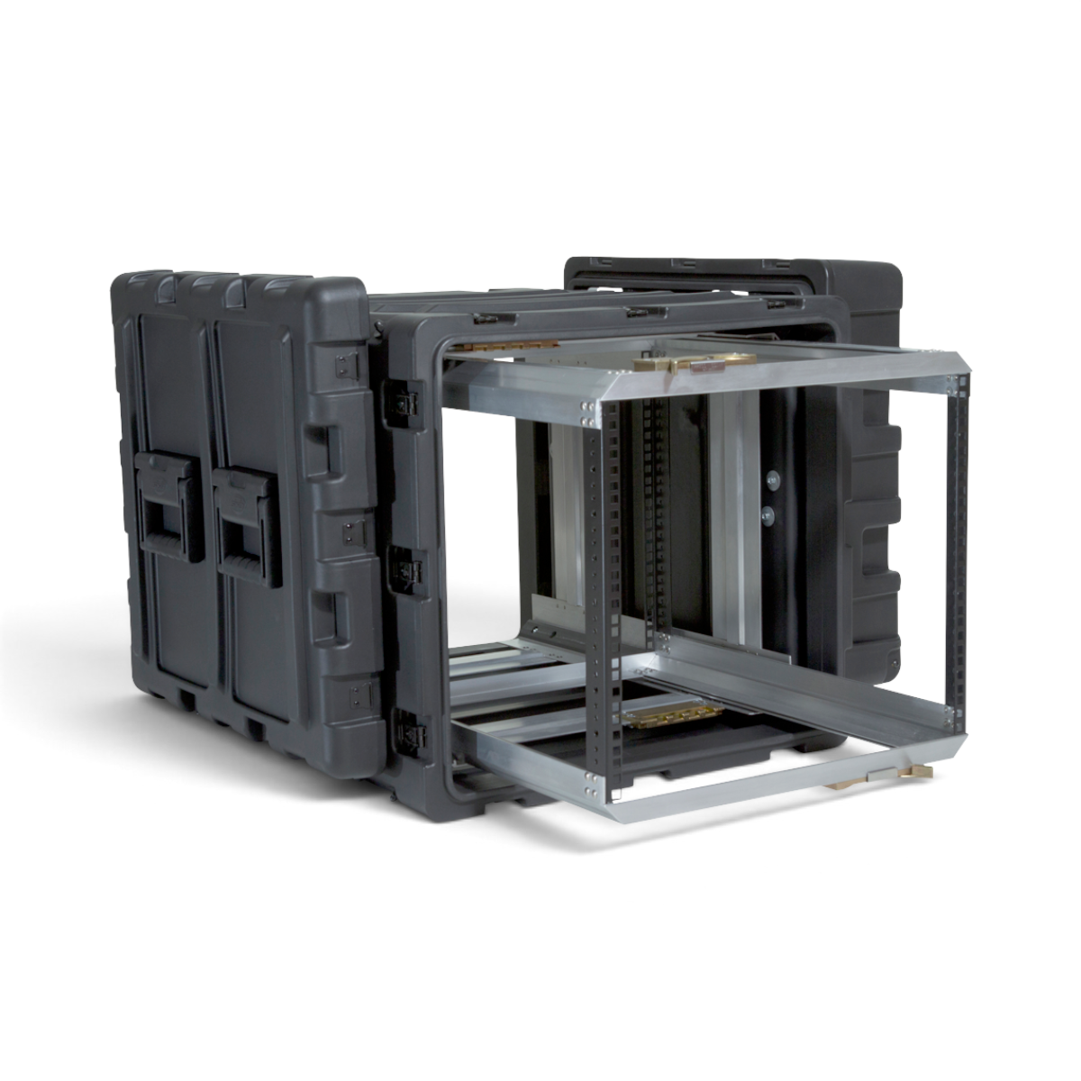 SKB Cases 9U 24-inch deep shock rack with a black roto-molded shell and a removable internal metal equipment frame.