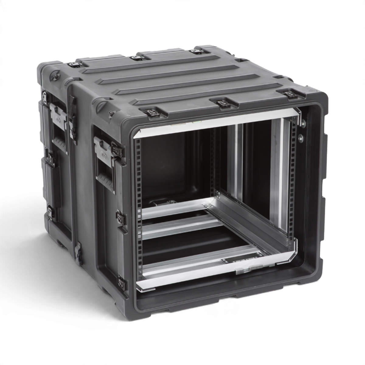 SKB Cases 9U 20-inch deep shock rack with a black roto-molded shell and removable internal equipment frame.