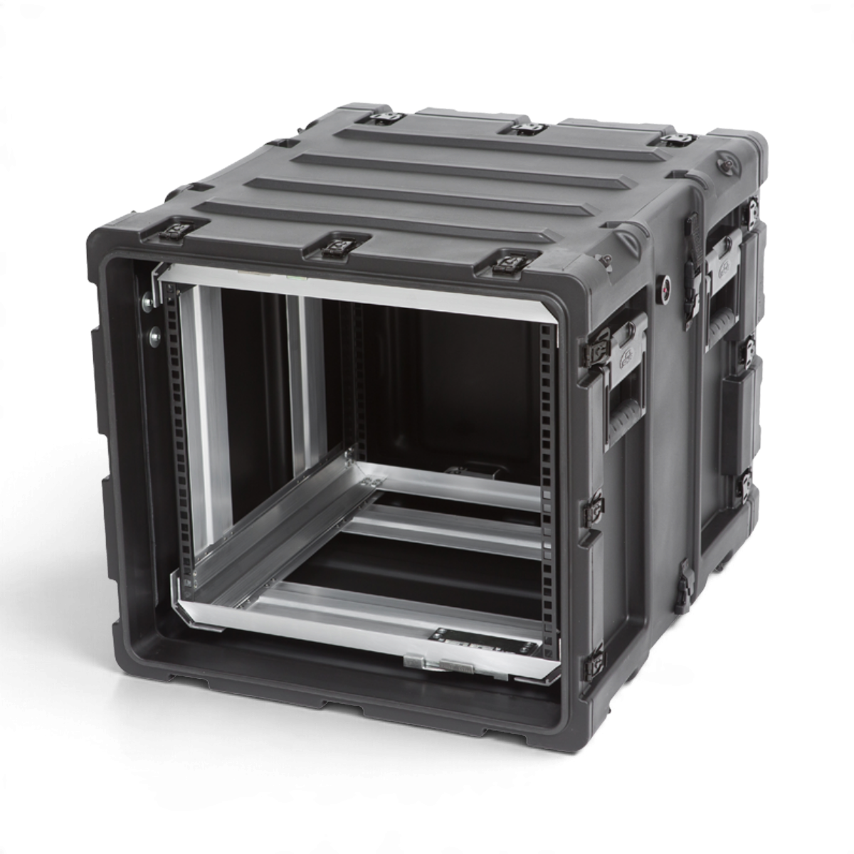 SKB Cases 9U 20-inch deep shock rack in black with a removable interior frame and rugged roto-molded shell.