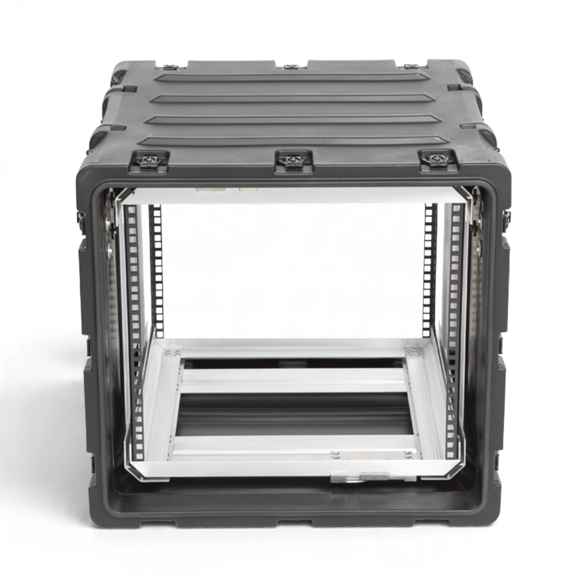 SKB Cases 9U 20-inch deep shock rack with a black roto-molded shell and removable internal metal equipment frame.