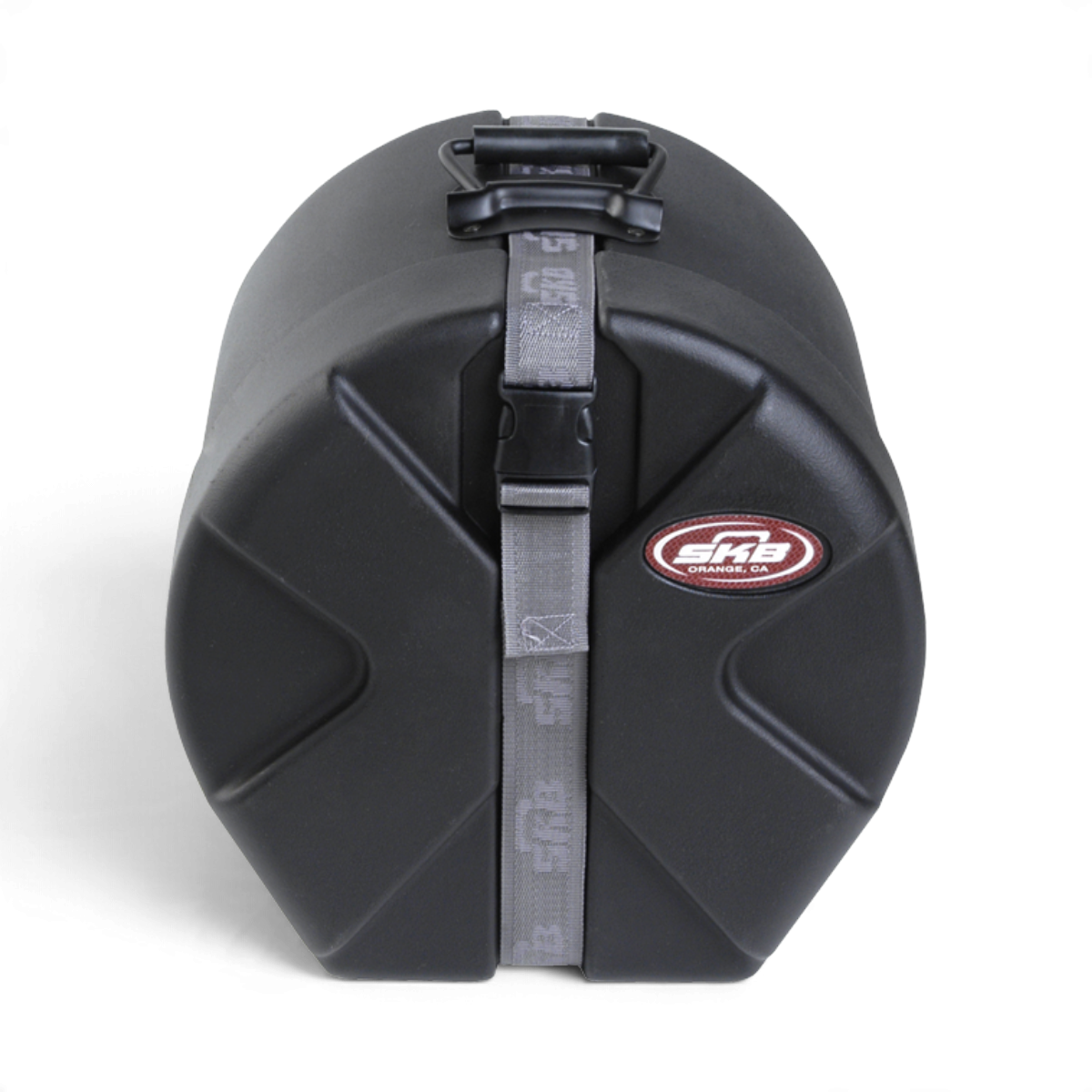 SKB Cases 9 x 10 roto-molded black drum tom case with Roto-X pattern, secure strap, and padded interior.