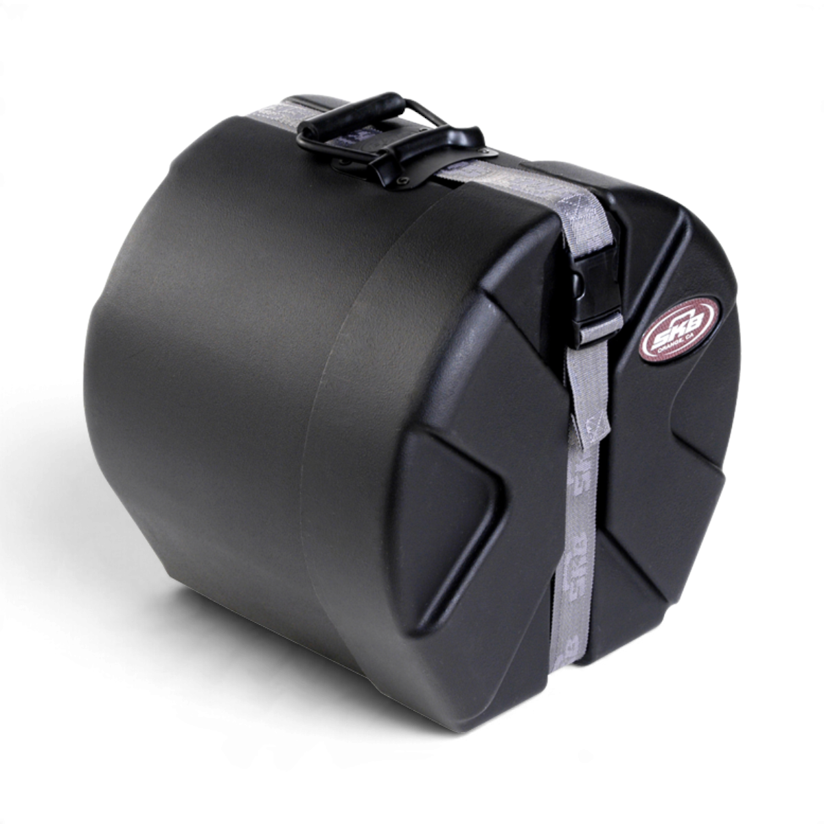SKB Cases 9x10 roto-molded black drum tom case with Roto-X pattern, padded interior, and secure strap handle.