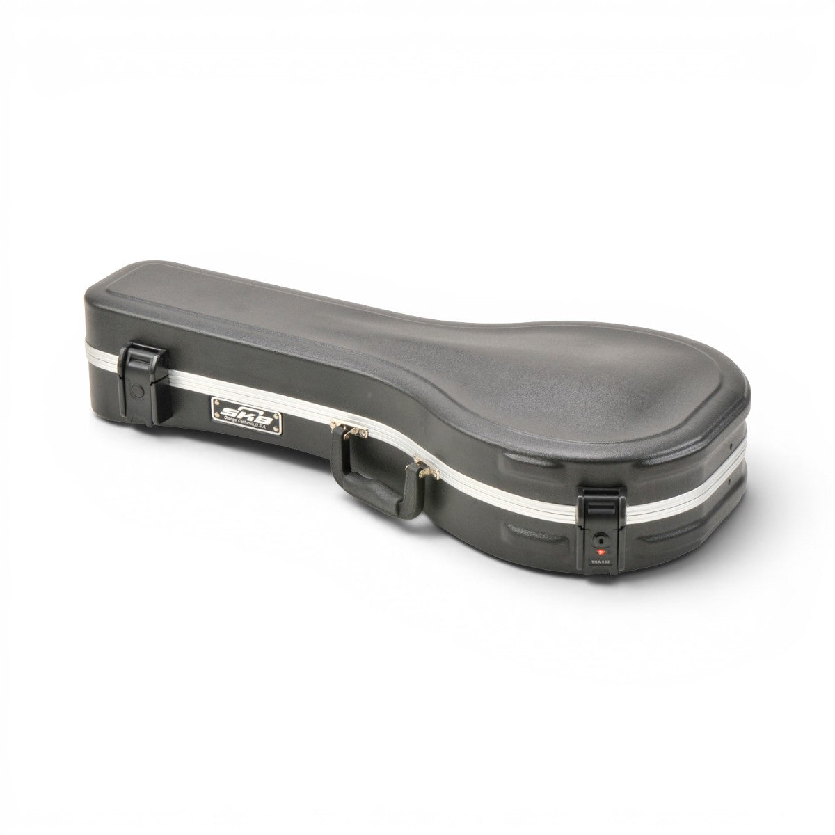 SKB Cases A-style mandolin hard case in black ABS plastic with TSA-approved locking latches and teardrop shape.