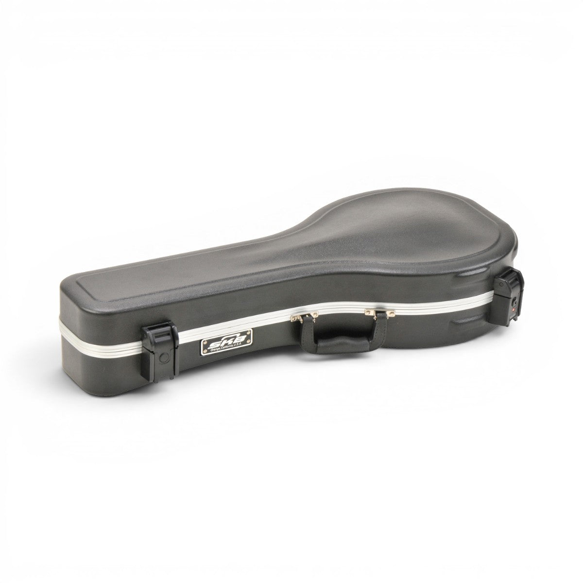 SKB Cases A-style mandolin hard case in black ABS plastic with TSA-approved locking latches and teardrop shape.