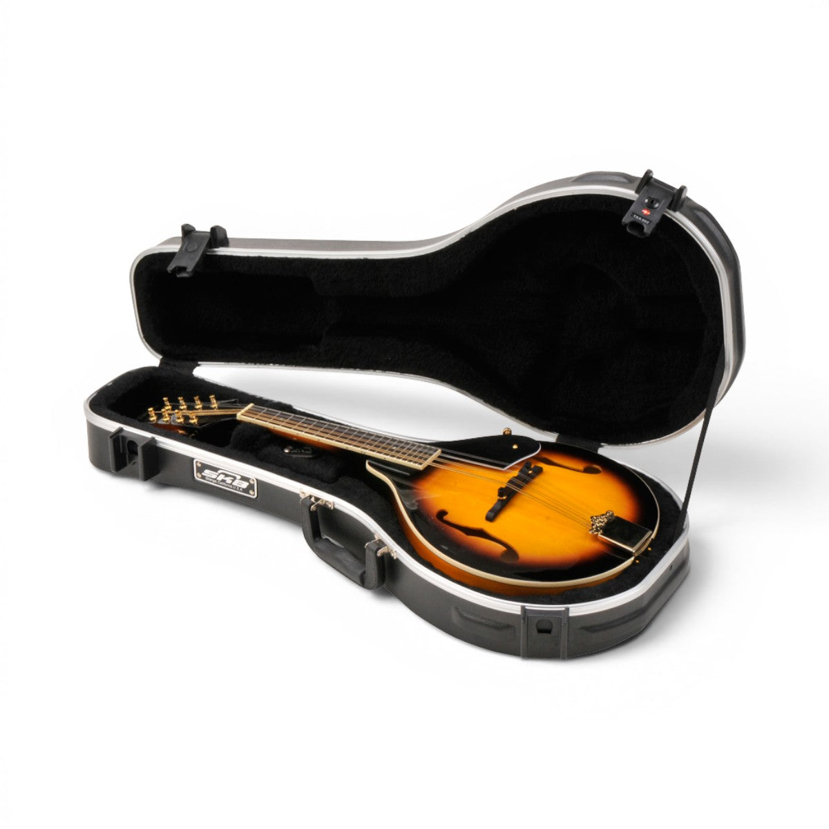 SKB Cases A-style mandolin hard case in black ABS plastic with plush interior and TSA-approved locking latches.