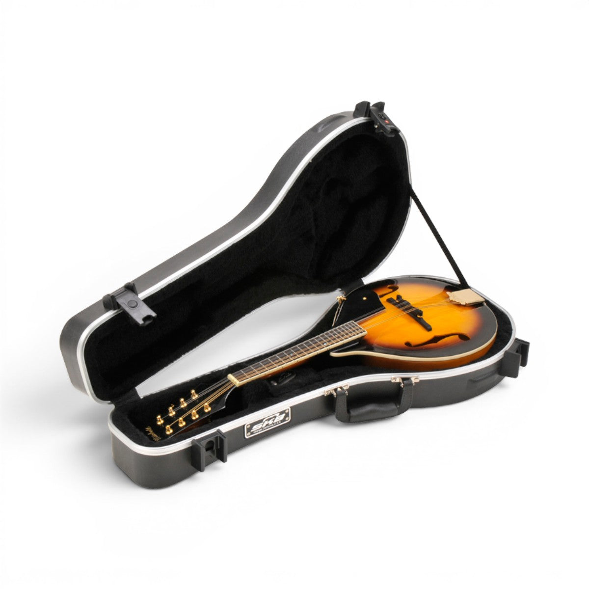 SKB Cases A-style mandolin hard case in black ABS plastic with plush interior and TSA-approved locking latches.