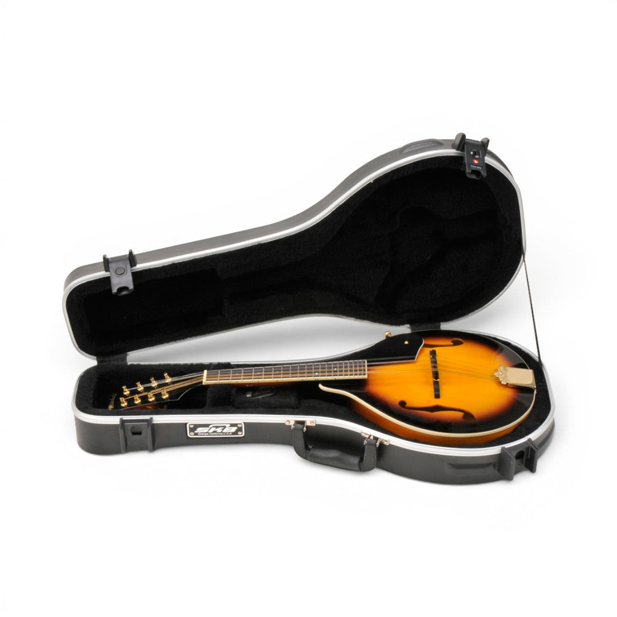 SKB Cases A-style mandolin hard shell case in black ABS plastic with plush interior and TSA-approved locking latches.