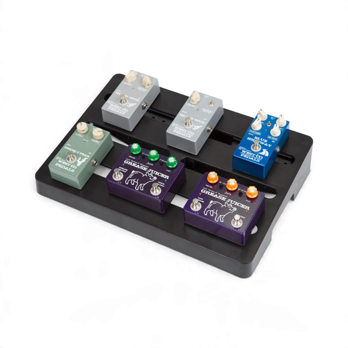SKB Cases injection molded black ABS pedalboard holding five colorful guitar effect pedals on a white background