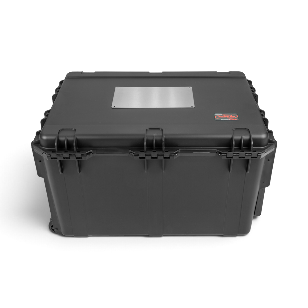 SKB Cases 12 by 7 inch adhesive shipping label plate mounted on a black hard-shell equipment case
