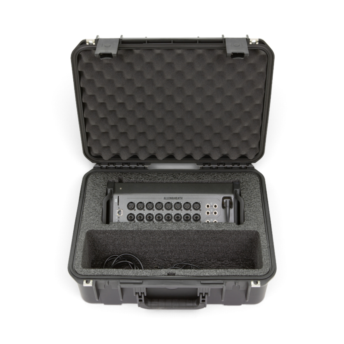 SKB Cases iSeries waterproof hard case with custom foam interior holding an Allen & Heath CQ-20B mixer and cables