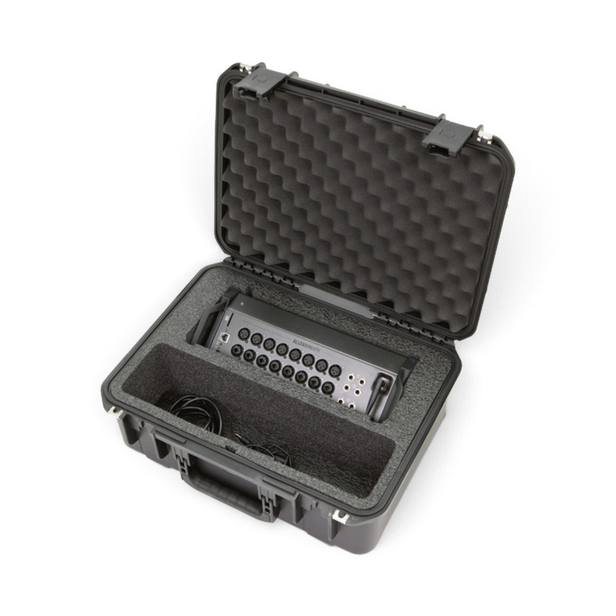 SKB Cases iSeries waterproof hard case with custom foam interior holding an Allen & Heath CQ-20B mixer and cables.