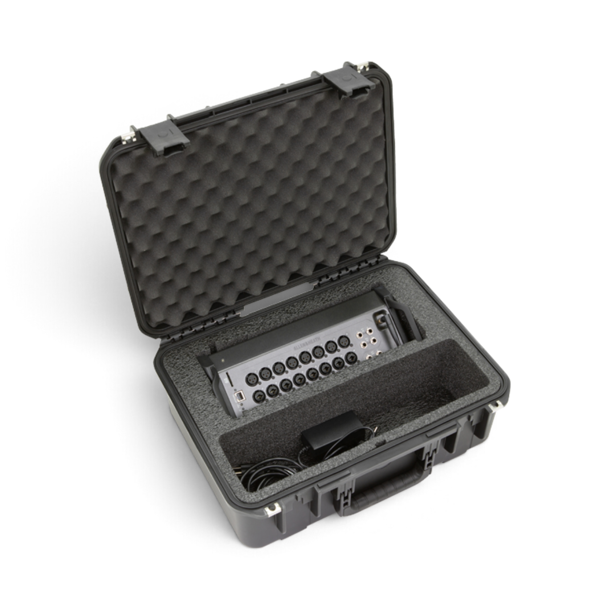 SKB Cases iSeries waterproof hard case with custom foam interior holding an Allen & Heath CQ-20B digital mixer