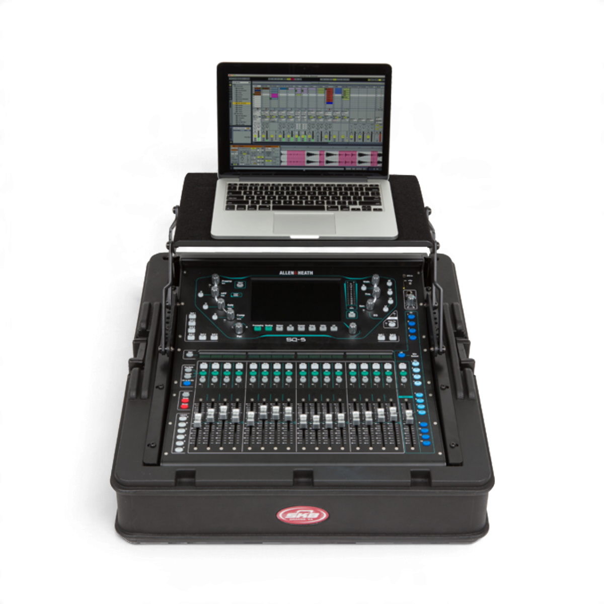 SKB Cases steel rack ears installed on an Allen & Heath SQ5 mixer inside a GigRig case with a laptop shelf