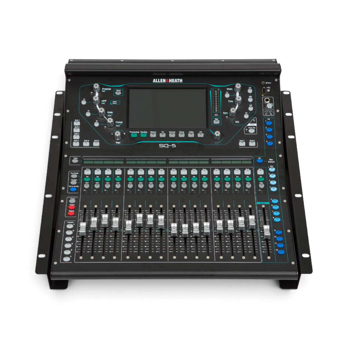 SKB Cases steel rack ears mounted on an Allen & Heath SQ5 digital mixer for secure installation in a GigRig case