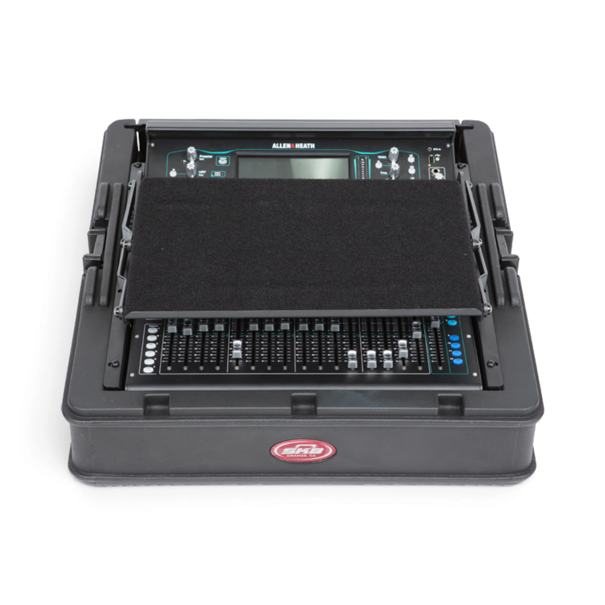 SKB Cases steel rack ears installed on an Allen & Heath SQ5 mixer inside a black SKB GigRig rack case