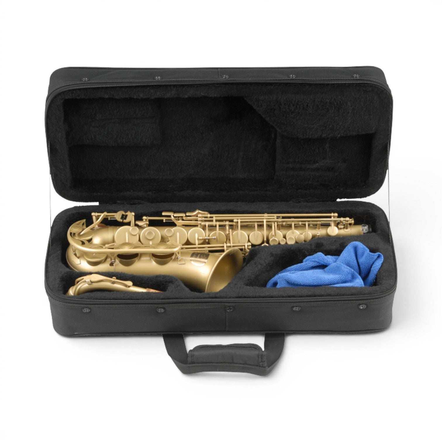 SKB Cases alto saxophone soft case with black nylon exterior, plush interior, and gold saxophone inside.