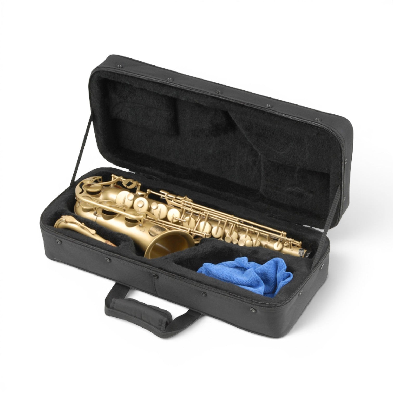 SKB Cases alto saxophone soft case with black nylon exterior, plush interior, and gold saxophone inside.